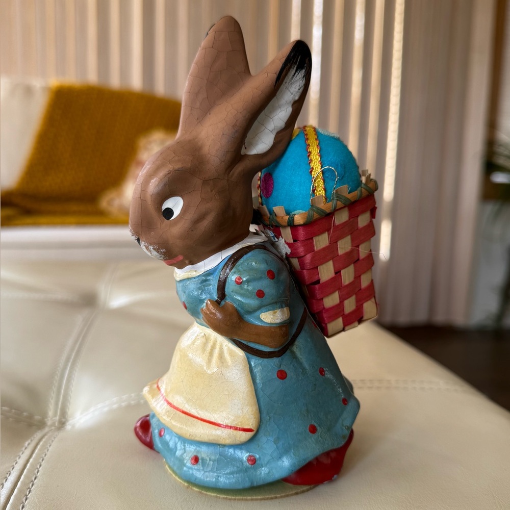 Vintage Bunny Figurine in Blue Dress with Basket